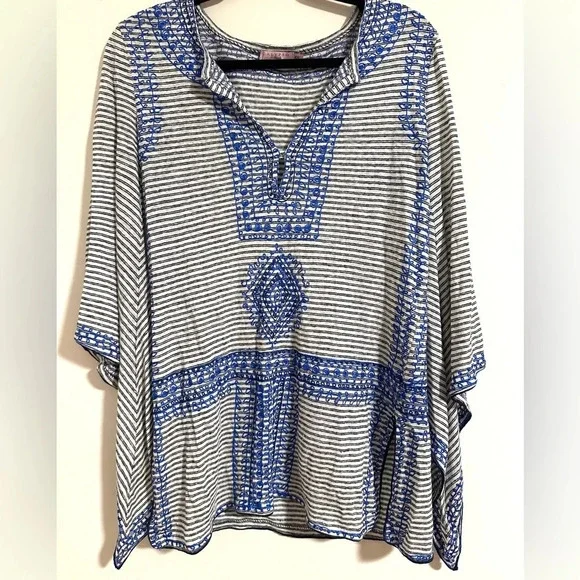 Calypso St Barth Etasa linen embroidered blue gray tunic top coverup poupette - Picture 2 of 7